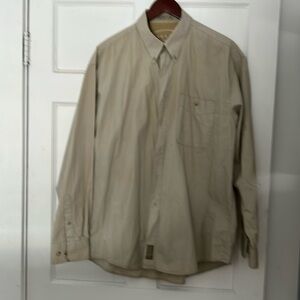 Haggar men’s long sleeve hundred percent cotton button down shirt,large, beige.